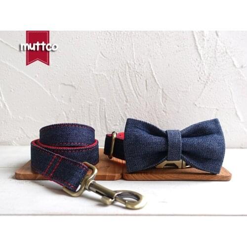 MUTTCO retailing self-designed handmade collar THE RED JEAN mazarine and red dog collar and leash with bow tie 5 sizes UDC038T