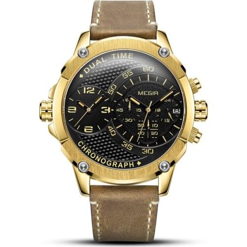 MEGIR 2093 Men Casual Sports Watch Fashion Dual-Time Movement Multifunctional Leather Quartz Waterproof Mens Wristwatches