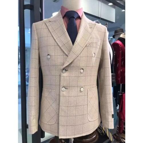 2021 Beige Plaid Double breasted wedding suits for men slim fit 2-piece bridegroom best man party fashion casual Blazer Pants