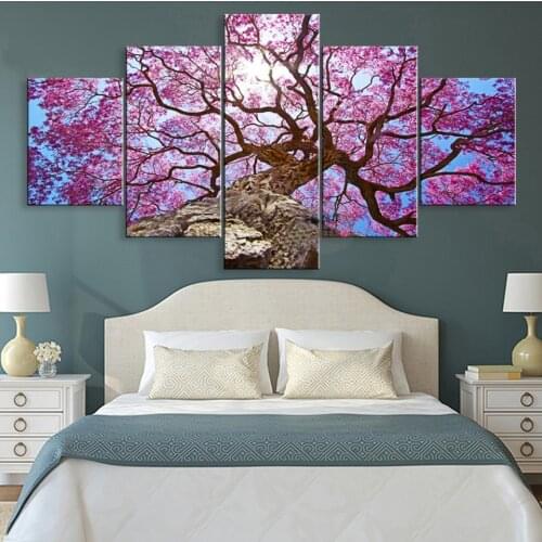 Wall Art Paintings 5 Piece Blooming Cherry Blossom Tree Living Room HD Printed Canvas Poster Frame Home Decor Modular Pictures