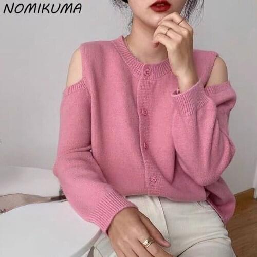 Nomikuma Sexy Strapless Long Sleeve Sweater Coat Women 2021 Autumn Single Breasted O-neck Cardigan Korean Solid Knitwear 6Z802