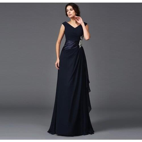New Graceful Dark Navy Full Length V Neckline Mother of the Bride Dresses Sleeveless Appliqued Ruffles Wedding Party Gowns