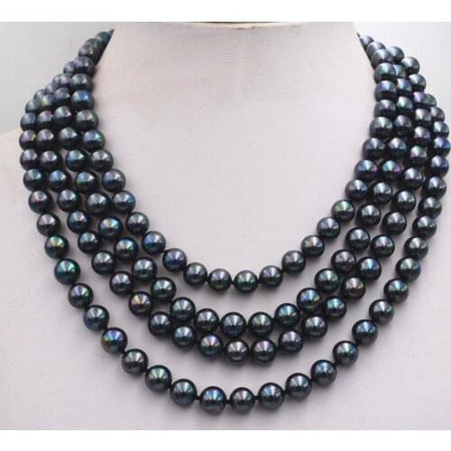 Beautiful New 8 mm Black Peacock Shell Pearl Necklace 100" AAA