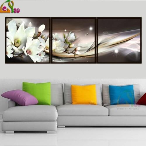 Full Drill 5d Diamond Painting Modern White Magnolia Handicraft Diamond Embroidery Triptych Mosaic Rhinestones Home Decoration