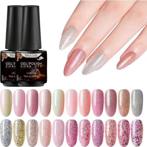 RBAN NAIL Pink Color Nail Glitter Gel Soak Off Shine Sequins Nail Art Gel Polish Semi Permanent Manicure Lacquer UV Led Varnish