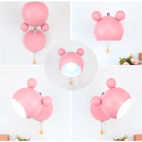 Pink Mickey Shape Childrens Room Wall Lamps Korean Study Aisle Princess Bedroom Sconce Wall Lights Nordic with Switch Fixtures