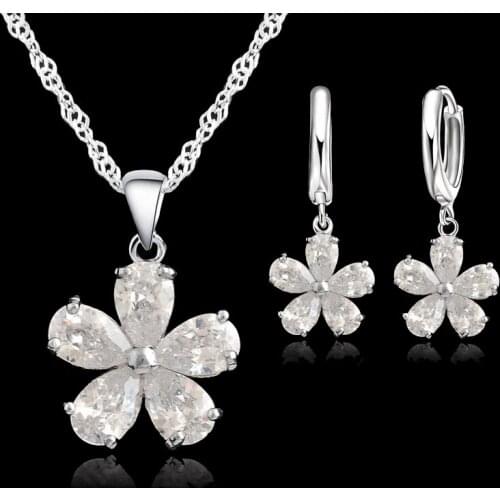 High Quality Solid 925 Sterling Silver Beautiful Flowers Drop Earrings Necklace Jewelry Sets For Women Female Wedding