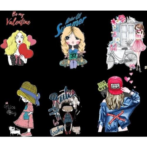 Lovely Beauty Girl Ironing Stickers Heat Transfer Vinyl Patch Thermal Iron On Transfer For Clothes Baby T-shirt Cartoon Applique