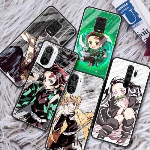Luxury Glass Case For Xiaomi Redmi Note 10 9 8 Pro 9S 10S 8T 7 K40 9A 9C 9T K20 10Pro Tempered Phone Cover Anime Demon Slayer