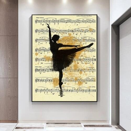 Vintage Ballerina Wall Art Canvas Painting Girl Ballet Sketch Music Silhouette Posters and Prints Wall Picture Living Room Decor