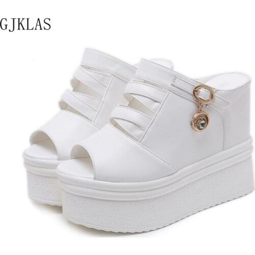 High Heels Wedge Sandals Platform Slide Sandal Black White Heels Women Shoes Leather New Style Slippers Female Summer Simple