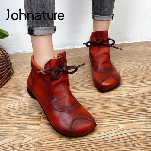 Johnature Shoes Women Boots 2021 New Winter Lace-Up Genuine Leather Handmade Round Toe Sewing Flat With Ankle Platform Boots