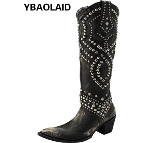 Round Head Rivets V-mouth Thick Heel Boots Autumn and Winter New Solid Color Side Zipper Mid-heel High-top Womens Boots