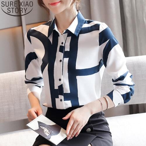 Chiffon Shirts Women Korean Loose Long Sleeve Shirts 2021 Autumn Fashion Office Lady Cardigan Print Blouses Women Blusas 10789