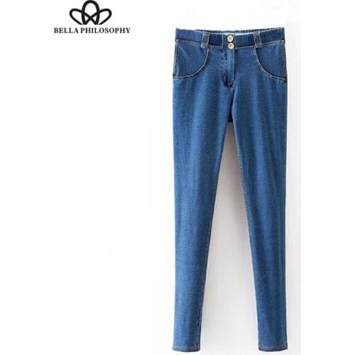 Bella Philosophy 2018 spring women casual solid pants high waist ladies pockets jeans zipper fly female full length pencil pants