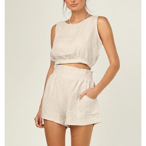 Women Sleeveless Two Pieces Set Solid Ladies Suit Crop Tops And High Waist Shorts Summer 2021 Loose Casual Female Sportswear New