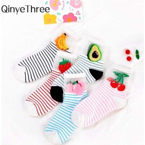 Womens Happy Funny Cartoon Fruit Ice Silk Splicing Cotton Socks Japanese Korean Avocado Cherry Strawberry Peach Striped Sokken