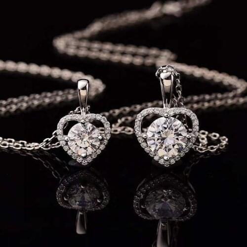 Love Heart S925 Sterling Silver Necklace for Women 1ct-2ct Moissanite Pendant D Color Classic White Gold Plated Fine Jewelry