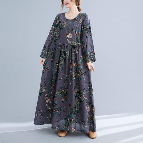 Plus Size M-XXL Long Sleeve Loose Autumn Dress Cotton Linen Print Floral Vintage Long Maxi Dress Women Casual Spring Dress