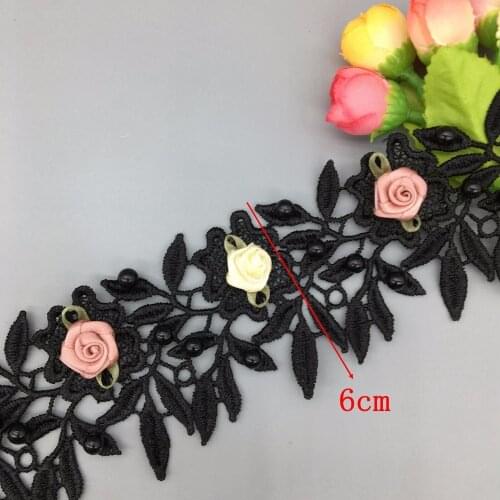 1 yard Black Pearl Beaded 3D Flower Embroidered Lace Trim Ribbon Fabric Sewing Craft For Costume Dress DIY Hat Decoration 6CM