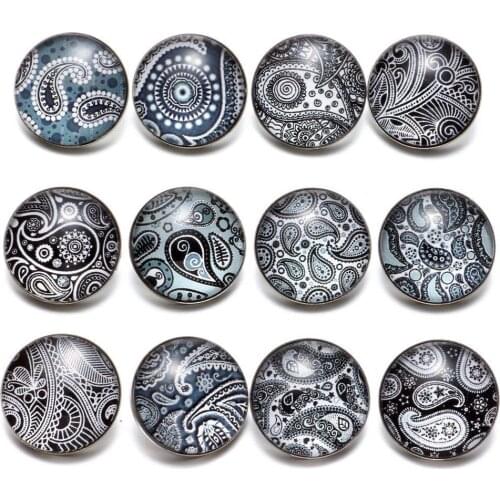 12pcs/lot Black&White Theme Paisley Element Pattern 18mm Snap Button Charms For 18mm Snaps Bracelet Snap Jewelry KZ0629b