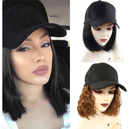 Baseball Cap Short Wigs for Women Heat Resistant Fiber Black Hair Wig Brown Synthetic Bob Wigs for Sale