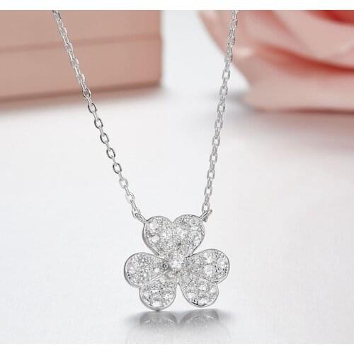 SLJELY Brand Design 925 Sterling Silver Micro Cubic Zirconia Three Leaves Flower Clover Pendant Necklace Women Luxury Jewelry