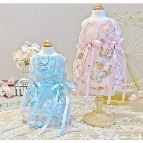 Summer Fashion Pink Blue Pet Dog Clothes Luxury Handmade Embroidery Butterfly Bowknot Lace Princess Dress For Small Puppy Dog