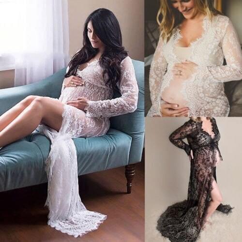Summer Women Gown Photography Prop See Through Dress Front Split Long Maxi Maternity Black White Lace Dress Pregnant Lace Dress