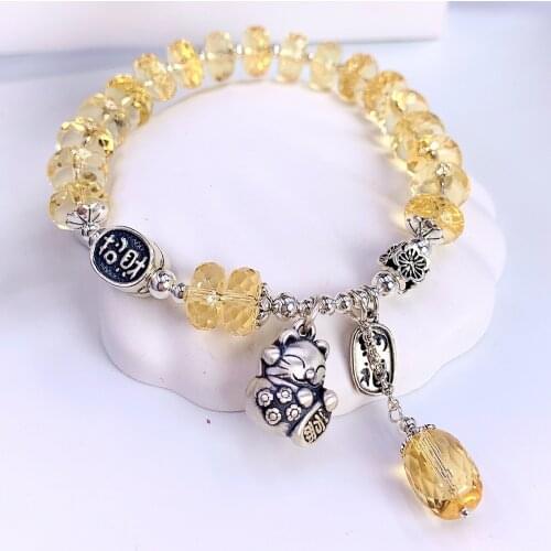 Original Design S925 Full Body Sterling Silver Natural Citrine Bracelets for Women Girls Lucky Cat Inviting Blessings Pendant