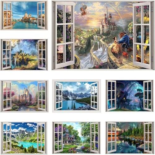 Full Square Round Diamond 5D DIY Diamond Painting "Window castle scenery" Diamond Embroidery Cross Stitch Rhinestone Mosaic X055