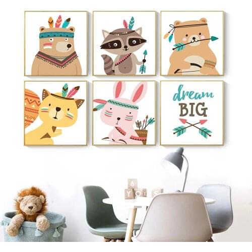 Simple Cartoon Tribe Chief Small Raccoon Rabbit Small Fresh Children Wall Canvas Painting For Childrens Bedroom Nursery Decor