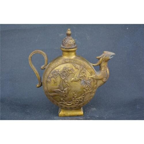 Rare Old Qing Dynasty(1748---1788) copper teapot,FLOWER&BIRD,Carved ,with carving&mark, free shipping