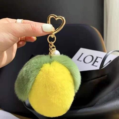 Luxury Real Rex Rabbit Fur Lemon Pendant Keychain Cute Charm Keyring Kids Women Bag Purse Accessories Emo Trinket Jewelry Gifts