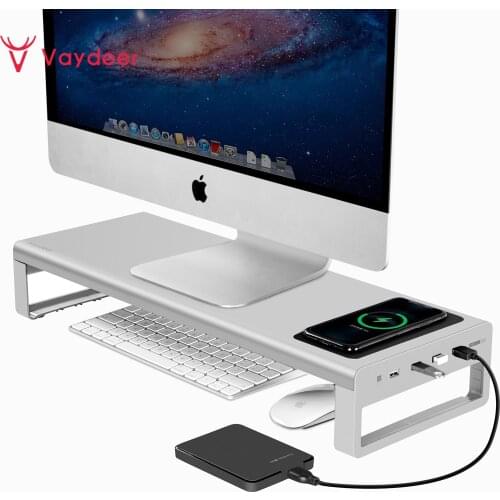 Silver Aluminium Wireless Charging Monitor Riser Stand with 4 USB3.0 Ports Data Transfer Charging Keyboard Mouse Desk Organizer