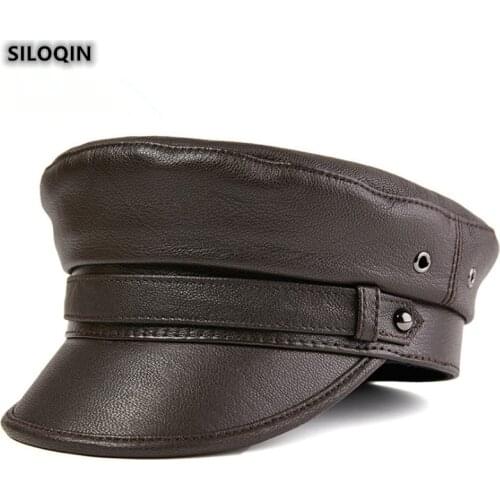 SILOQIN Mens Flat Cap Genuine Leather Hat For Womens Autumn Winter Fashion Sheepskin Military Hats Elegant Noble Couple Caps