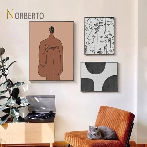 Nordic Abstract Canvas Painting Poster Print Black and White Line Figures Orange Color for Home Rooms Gallery Wall Decoration