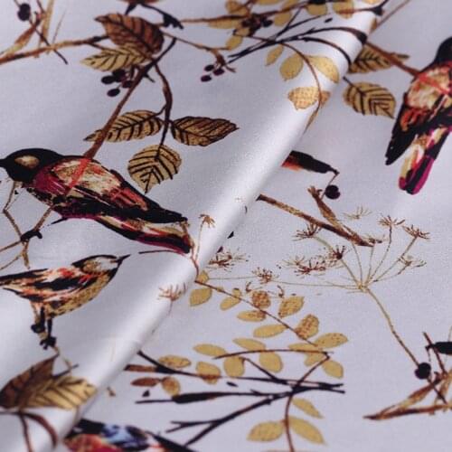 Birds Printed Stretch Silk Charmeuse Fabric Satin Sewing Cloth for Fashion 19M/M Apparel Dress W108cm Magpie Branch