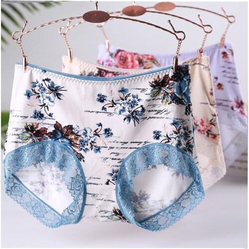 3Pcs/lot No trace Chinese Ink flower print Cotton Sexy Lingeries Underwears Women Panties Lace Plus Size 5XL Womens Briefs