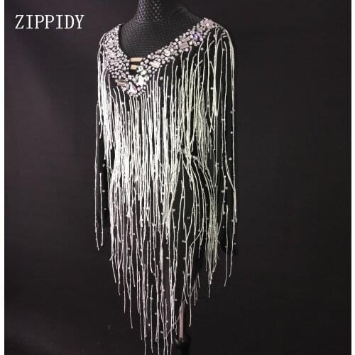 New Silver Rhinestones Fringes Black Latin Party Female Singer Dancer DS Outfit Costume Women Birthday Celebrate Tassels Dress