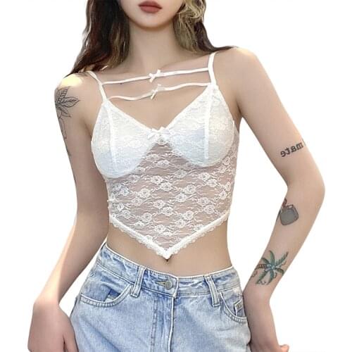 Womens Sexy Sleeveless Sling Vest, Girls Solid Color Lace Tops, Casual Tight Hollow Bare Midriff Clothing