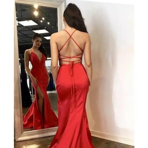 Sexy Long V-Neck Satin Mermaid Prom Dresses with Slit Spaghetti Criss Cross Back Red Abendkleider Robes de Soirée for Women