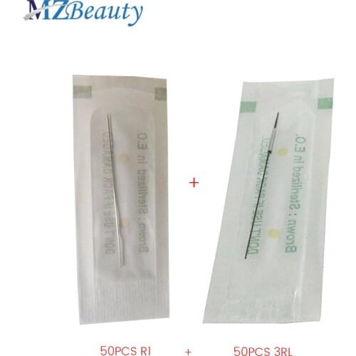 100pcs permanent makeup needles 50 pcs R1 tattoo needles with 50pcs R3 Sterilized Disposable Makeup Eyebrow Needles Tattoo