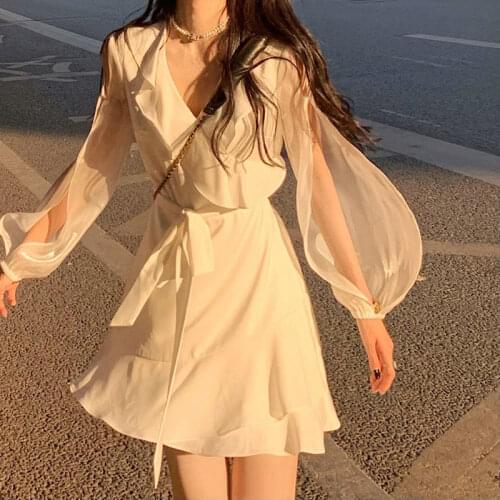 2021 Korean Sexy V-neck Dress White Maxi Women Party Slim Ruffle Fishtail Student Waist Fashion Beach Gown Elegant Club Dresses
