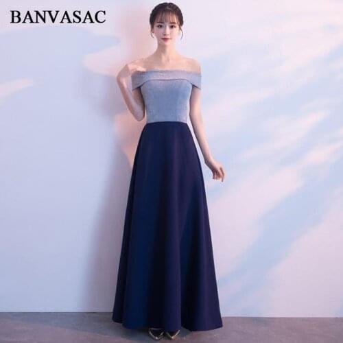 BANVASAC 2018 Boat Neck A Line Short Sleeve Satin Long Evening Dresses Party Off The Shoulder Zipper Back Prom Gowns