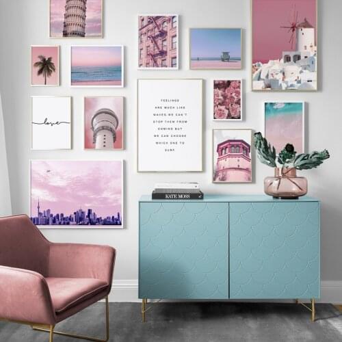Tower Coconut Tree Flower Poster Pink Sea Beach Landscape Canvas Painting Nordic Wall Art Pictures for Living Room Decor