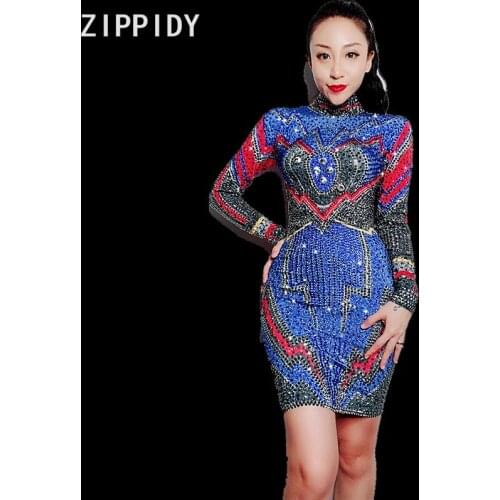 Flashing Multicolor Rhinestones Spandex Dress Birthday Party Celebrate Outfit Nightclub Female Singer Dance Show Outfit Dress