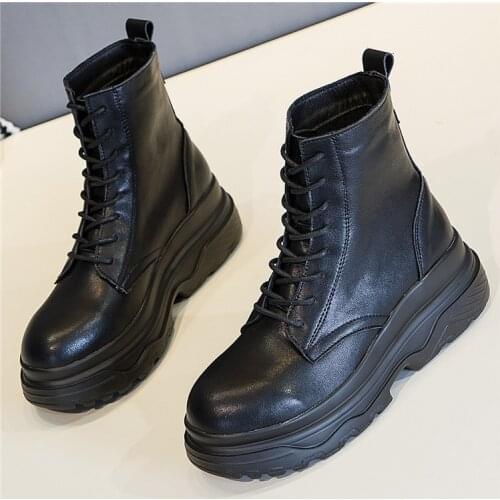 Black booties 2021 new thick sole women boots platform shoes female boots womens British style womens shoes genius leather