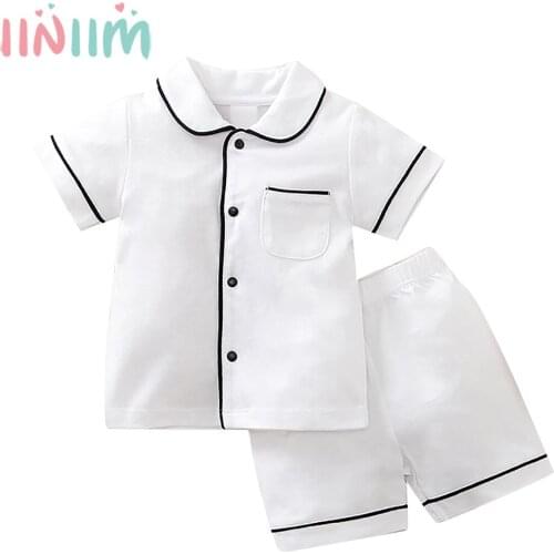 Toddler Baby Boys Girls Sleepwear Unisex Cotton Pajamas Sets Short Sleeve Turndown Collar Top with Elastic Waistband Shorts