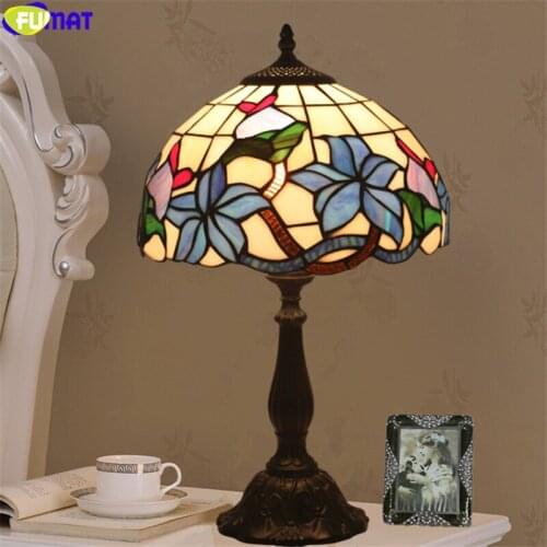 FUMAT tiffany style blue orchid desk lamp green leaf red flower stained glass table light 12 inch lampshade handcraft home decor